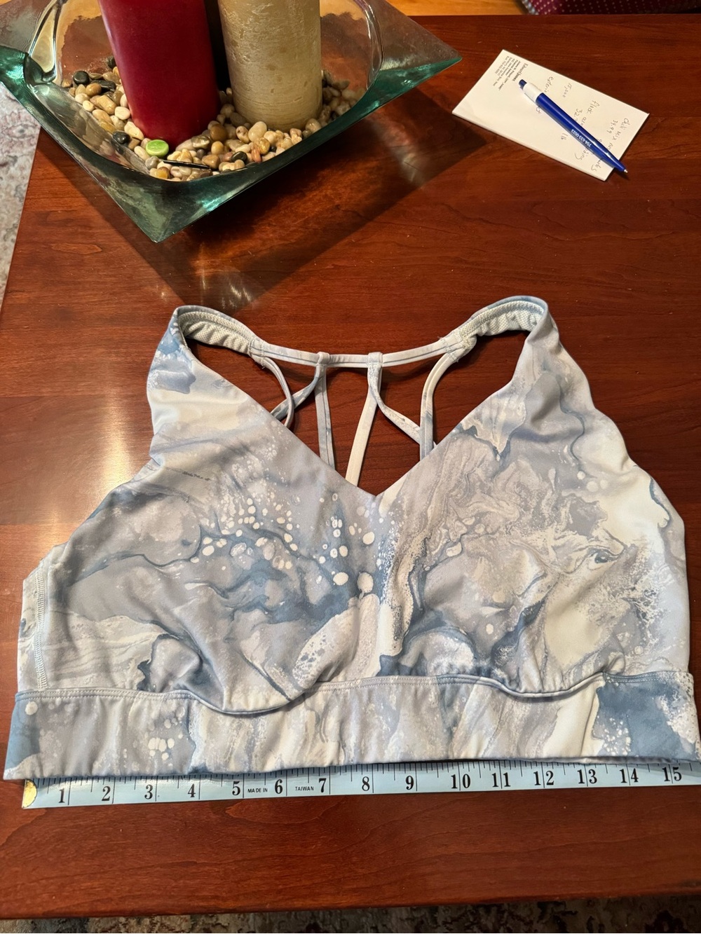 all in motion Marble-Print Strappy Bralette in Light Blue and White